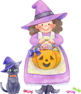 お菓子の入ったジャックオランタンのバスケットを持って立つ魔女と黒猫のイラスト