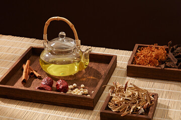 A front view of tea with natural herbs and spices in bamboo table. Natural medicine tea for health and beauty.