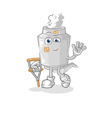 exhaust sick with limping stick. cartoon mascot vector