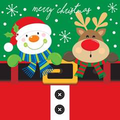 christmas card with reindeer and snowman on the costume of santa