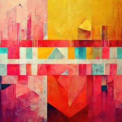  geometric abstract painting, acrylic on canvas, flat color, with hot pink color modern scheme, architectural