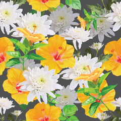 Fototapeta premium Hibiscus and chrysanthemum seamless pattern