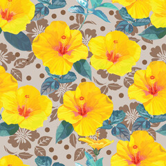 Fototapeta na wymiar Hibiscus yellow flower seamless pattern