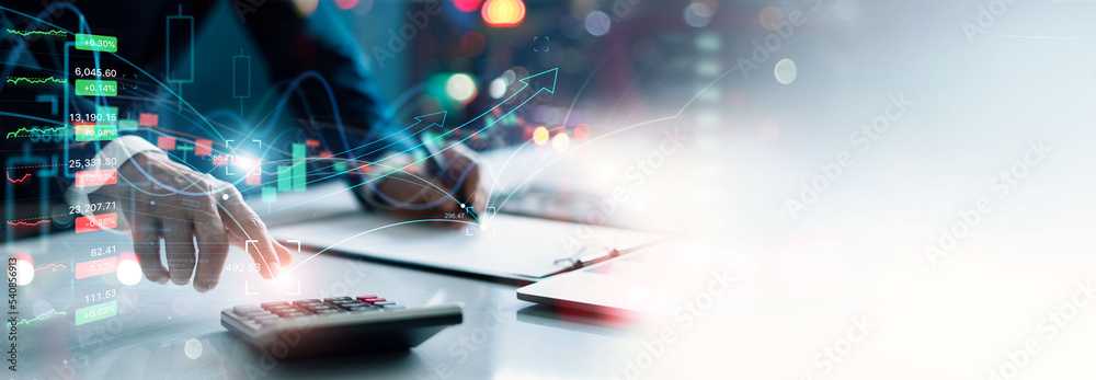 Poster ..Businessman using a calculator to calculate growth success of finance business and investment. Strategy, Analysis and planning of stock market and digital economy exchange on social network.