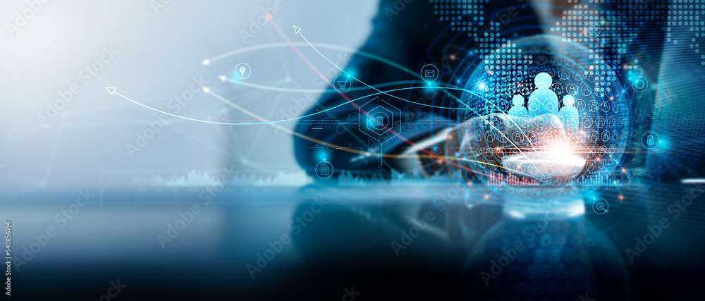 Aufkleber customer network, digital marketing. financial and banking. businessman using laptop connected to cu