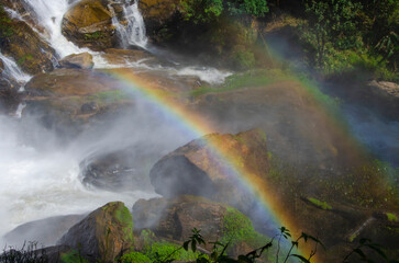 Fototapeta na wymiar Beautiful rainbow in steam of waterfall on the rocks