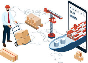 3D isometric Sea Freight concept with cargo freight ships, harbour port cranes, Maritime shipping, Merchant Marine, Cargo ship, world map on background. Clipart Transparent PNG