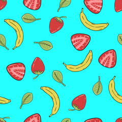 Seamless pattern with banana, strawberry and green leaves on a blue background.