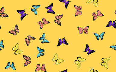 Fototapeta na wymiar Many beautiful hand-drawn colorful butterflies on a yellow background. seamless patterns