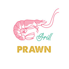 Logo template with prawn or shrimp drawn by hand drawn lines on white background. Emblem for the menu of fish restaurants, bistro, markets and shops. Vector illustration