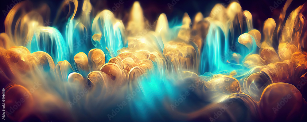 Wall mural blue and gold abstract liquid and smoke wave background, generative ai art