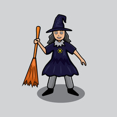 cute witch holding her broomstick,vector illustration with cartoon concept,suitable for halloween,poster,sticker.etc