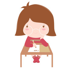 Happy short hair cute little girl cartoon character or chibi with winter red and green pattern sweater and big rounded white glasses sitting and writing a holiday card. Vector illustration