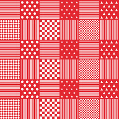 Geometric seamless checked red and white pattern with dotted, checkered, striped, star, and triangle shapes. Simple colorful design for holidays texture, background, decoration, web, or print design