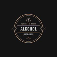 Vintage Retro Badge Emblem Beverage, Wine Glasses, Bottles, Beer, Drinks, Restaurant Logo Design Linear Style