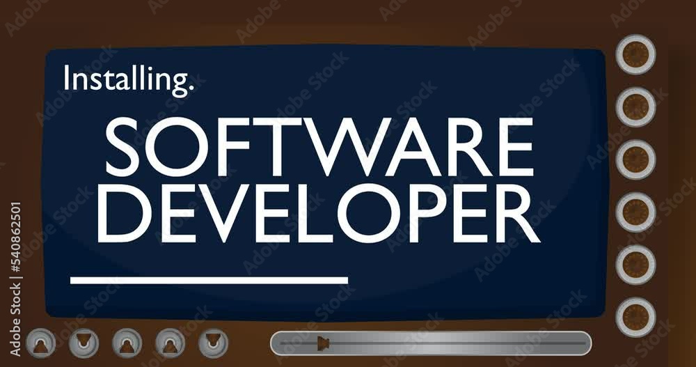 Poster Cartoon Computer With the word Software Developer. Video message of a screen displaying an installation window.
