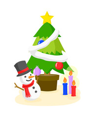 クリスマスツリーとスノーマンのカットイラスト
