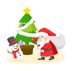 ツリーの前のサンタクロースとスノーマンのカットイラスト
