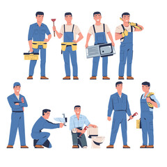 Plumber, Electrician and Repairman in Blue Uniform with Tool and Instrument Working and Fixing Vector Set - obrazy, fototapety, plakaty