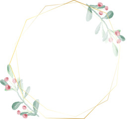 watercolor christmas leaf and red berry wreath with golden frame glitter
