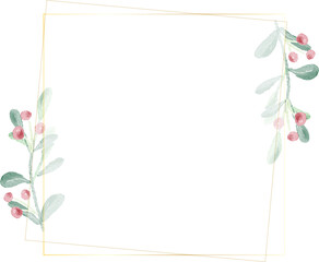 Obraz premium watercolor christmas leaf and red berry wreath with golden frame glitter