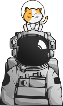 Cute astronaut or cosmonaut with cat on his head, catstronaut character cartoon mascot vector illustration isolated on white, good for science educational astronomy fun for kid and children