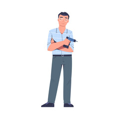 Repairman in Goggles Standing with Drill Tool for Working and Fixing Vector Illustration