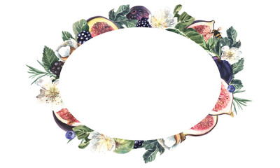 Oval frame of fruits and berries on a white background. Watercolor hand painted illustration. Element for design of invitations, movie posters, fabrics and other objects
