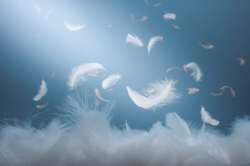 Abstract White Bird Feathers Falling in The Air. Softness of Floating Swan Feathers.
