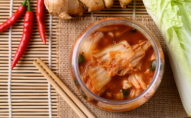Kimchi cabbage in bowl ready to eating, Asian fermented food, Top view