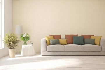 White sunny living room with sofa. Scandinavian interior design. 3D illustration