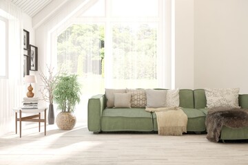 White living room with sofa and summer landscape in window. Scandinavian interior design. 3D illustration