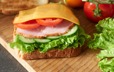 Meat and cheese sandwich close-up, side view. The concept is a quick snack.
