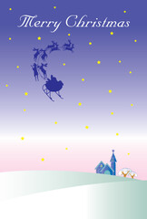 Fototapeta na wymiar トナカイのそりで飛ぶサンタクロースのクリスマスカード 