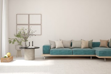 White living room with sofa. Scandinavian interior design. 3D illustration