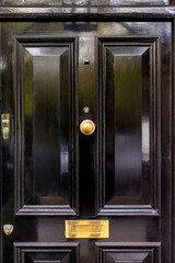 closeup of a black front door with brass door knocker