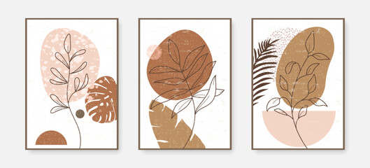 Gallery Wall Art Set of 3 Minimalist Leaves Art Drawings Print. Floral Poster for Bedroom, Living Room and Office Wall Decor. Hand Draw Leaves Vector Botanical Design for Minimalist Wall Art.