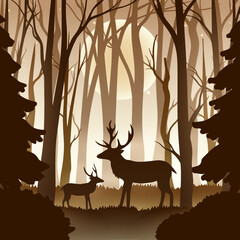 Christmas Reindeer Silhouette in the Middle of the Forest. Merry Christmas Greeting Card