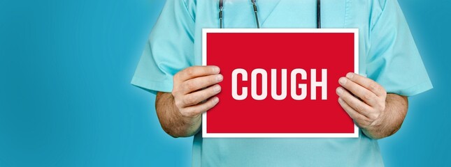 Cough. Doctor shows red sign with medical word on it. Blue background.