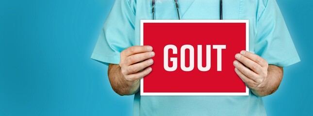 Gout. Doctor shows red sign with medical word on it. Blue background.