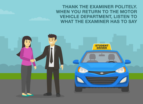 Car drive practicing. Thank the examiner politely. Female student driver passed practical driving test. Examiner congratulates and shaking driver's hand. Flat vector illustration template.