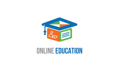 Media Education Logo Digital school book online and graduation hat . E-book or e-reader soft icon. On-line education. Course, distant education learning, online icon. Webinar concept, online 