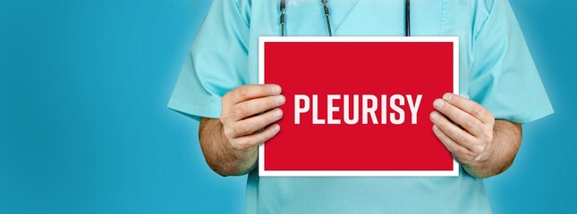 Pleurisy. Doctor shows red sign with medical word on it. Blue background.