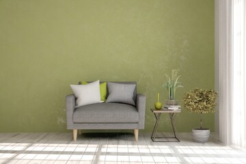 Green living room with armchair. Scandinavian interior design. 3D illustration
