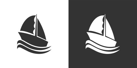 Boat, yacht, sailing boat, cargo ship. Water transportation on white and black background