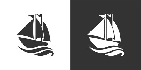 Boat, yacht, sailing boat, cargo ship. Water transportation on white and black background
