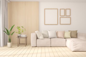 Fototapeta premium White living room with sofa. Scandinavian interior design. 3D illustration