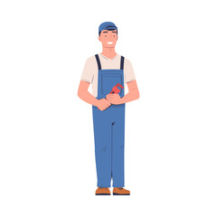 Man Plumber Standing with Wrench for Working and Fixing Vector Illustration