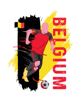 VECTORS. Editable poster for the Belgium football team, soccer player, uniform, flag