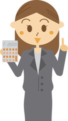 計算機・電卓を持ちながら費用などについて説明するスーツの会社員女性・ファイナンシャルプランナー